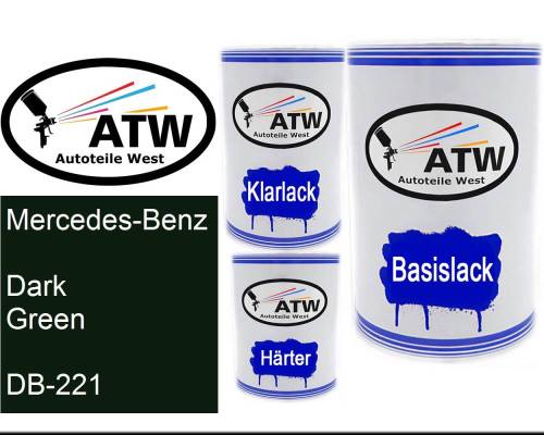 Mercedes-Benz, Dark Green, DB-221: 500ml Lackdose + 500ml Klarlack + 250ml Härter - Set, von ATW Autoteile West.